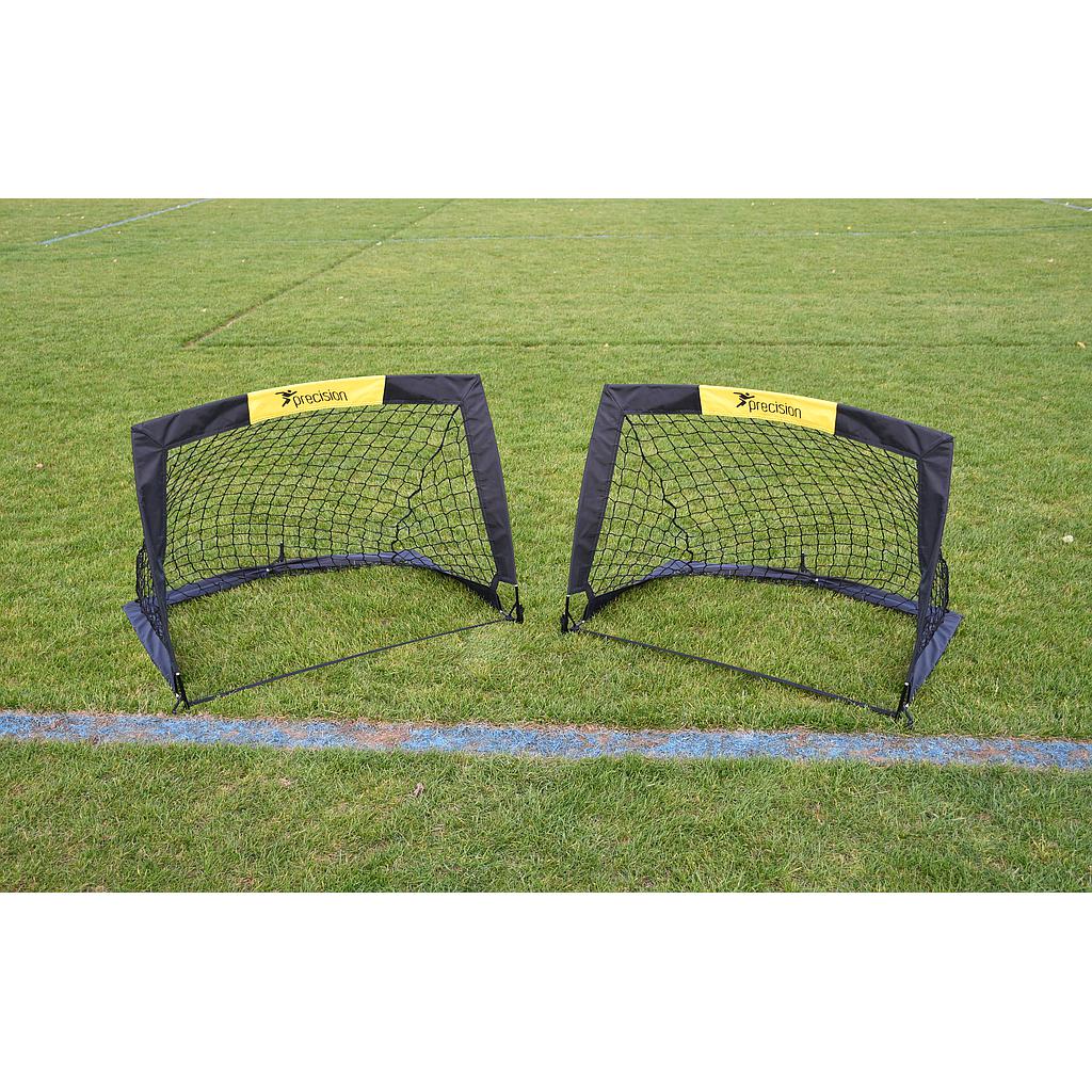 Pair of Precision Fold-a-Goal soccer goals for sports practice, portable and easy to set up, ideal for outdoor soccer games.