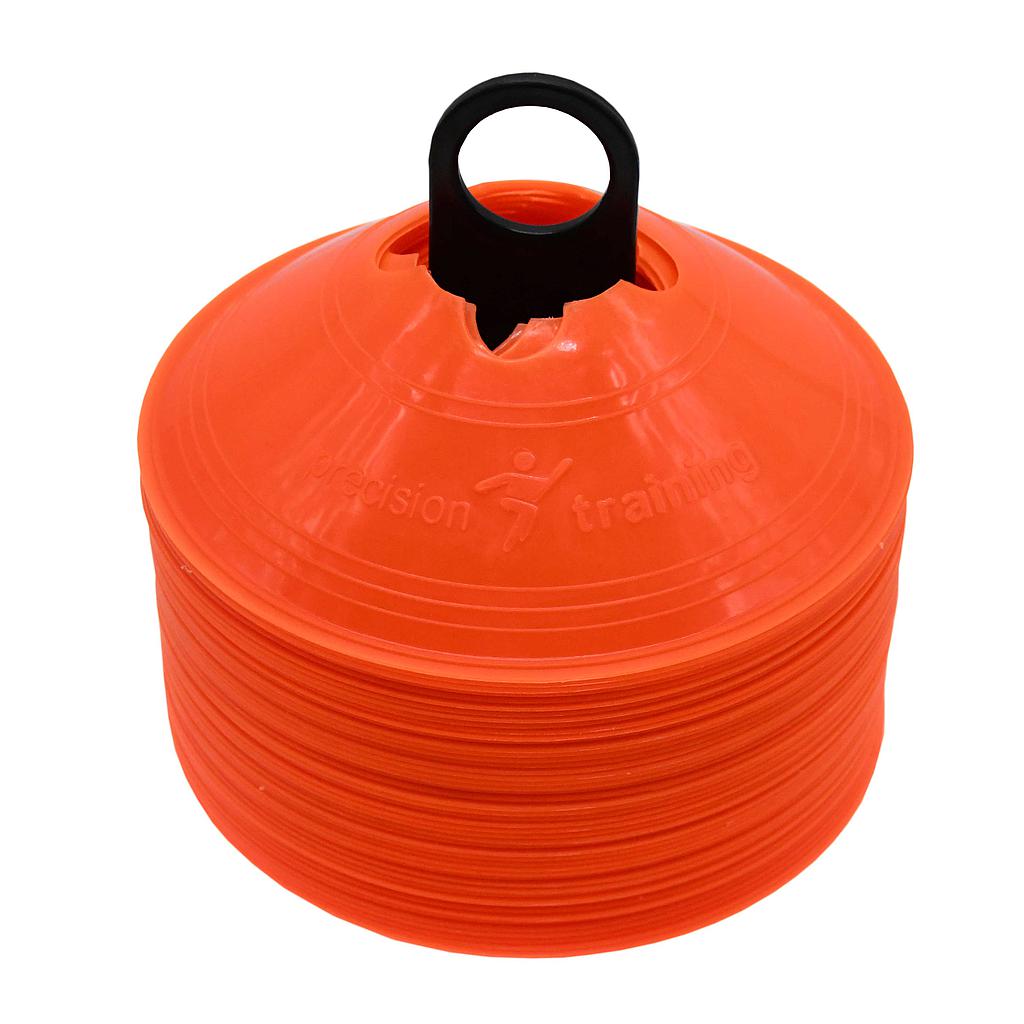 Set of 50 Precision Saucer Cones 200mm for sports training, featuring bright red plastic with a flat top and rounded edges.
