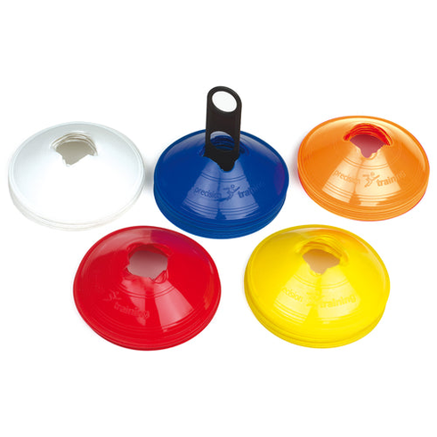 Set of 50 Precision Saucer Cones, 200mm, for sports training and agility drills, featuring bright orange color and durable plastic construction.