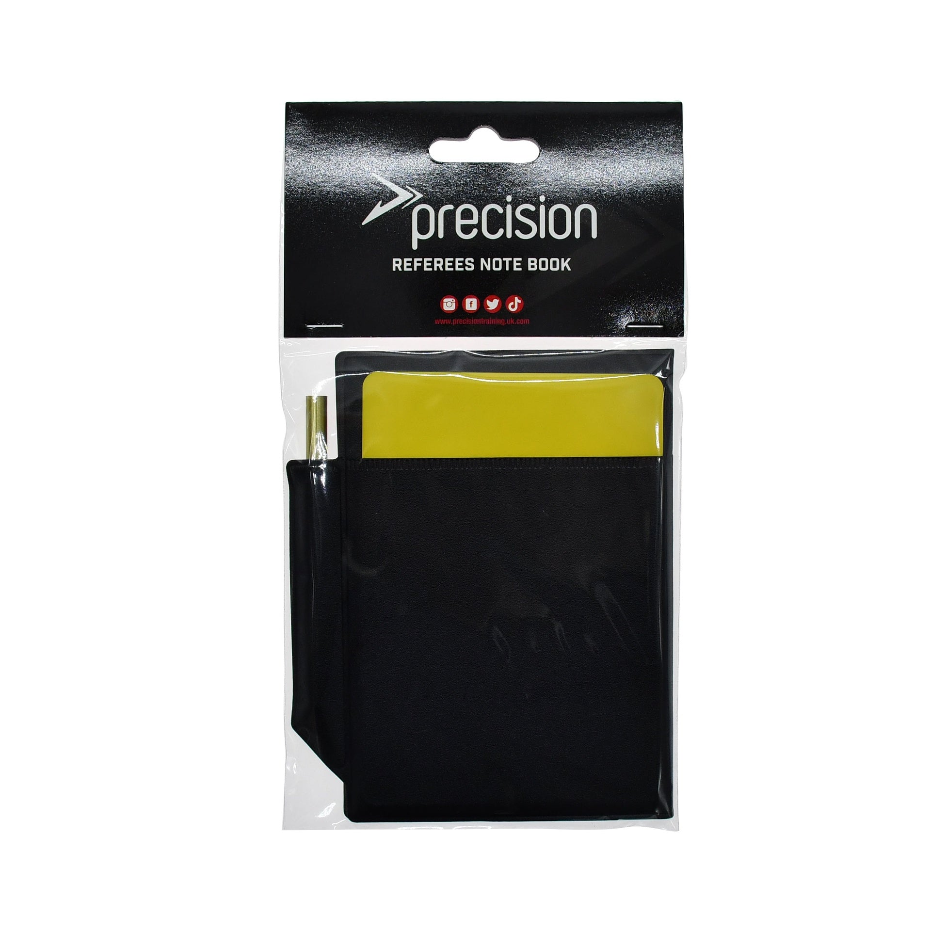 Precision referee score book with red and yellow card illustrations and a pencil set for sporting event officiating.