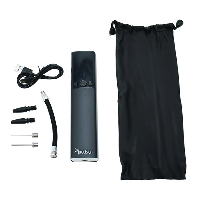 Precision rechargeable electric ball pump for sports, shown with ball inflation accessories and digital display.
