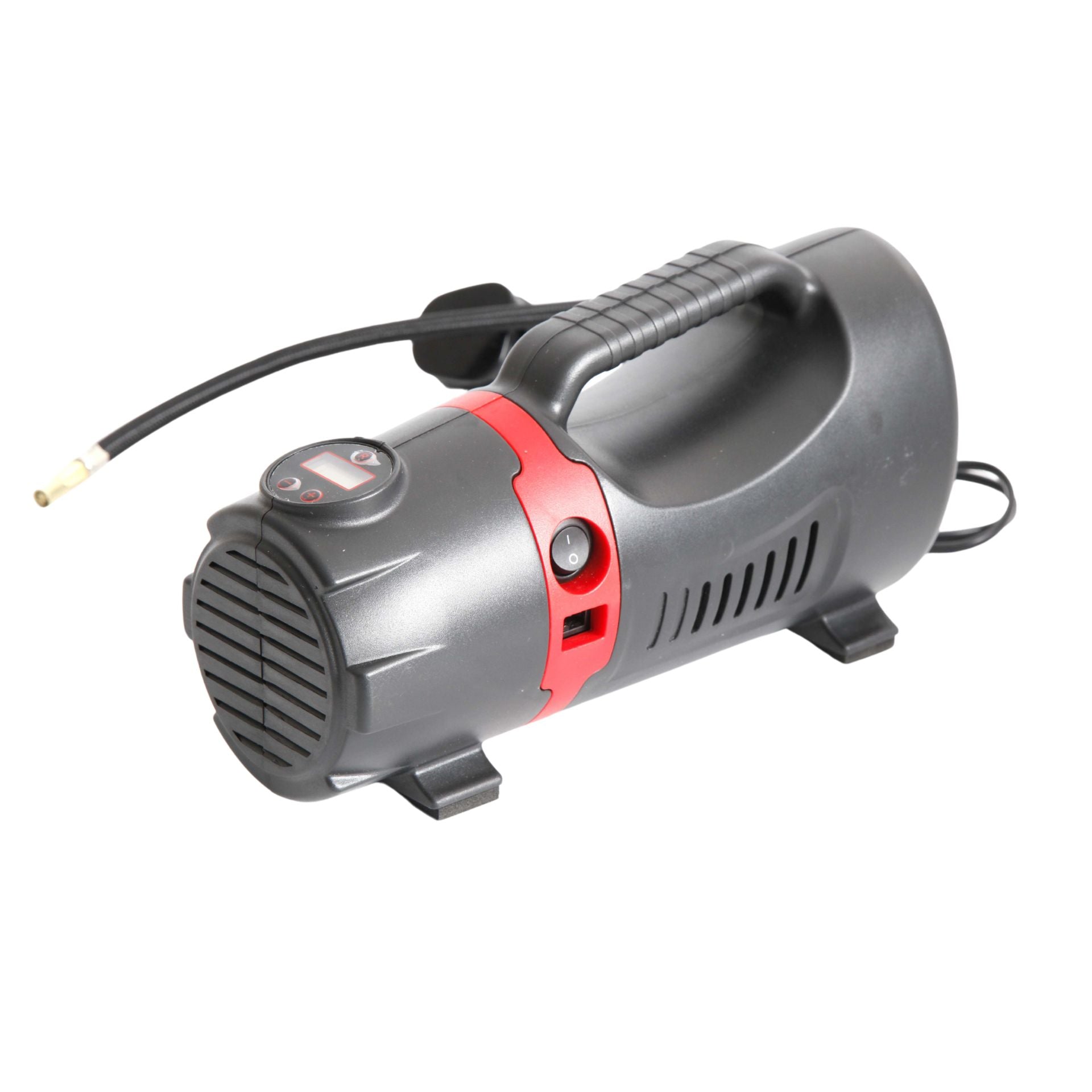 Precision Electric Air Compressor 12V DC & 230V AC for sporting goods, showing compact design with power cords and control panel.