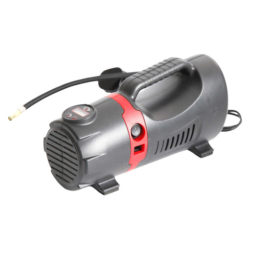 Precision electric air compressor for sporting goods, 12V DC and 230V AC, with compact design and digital controls.