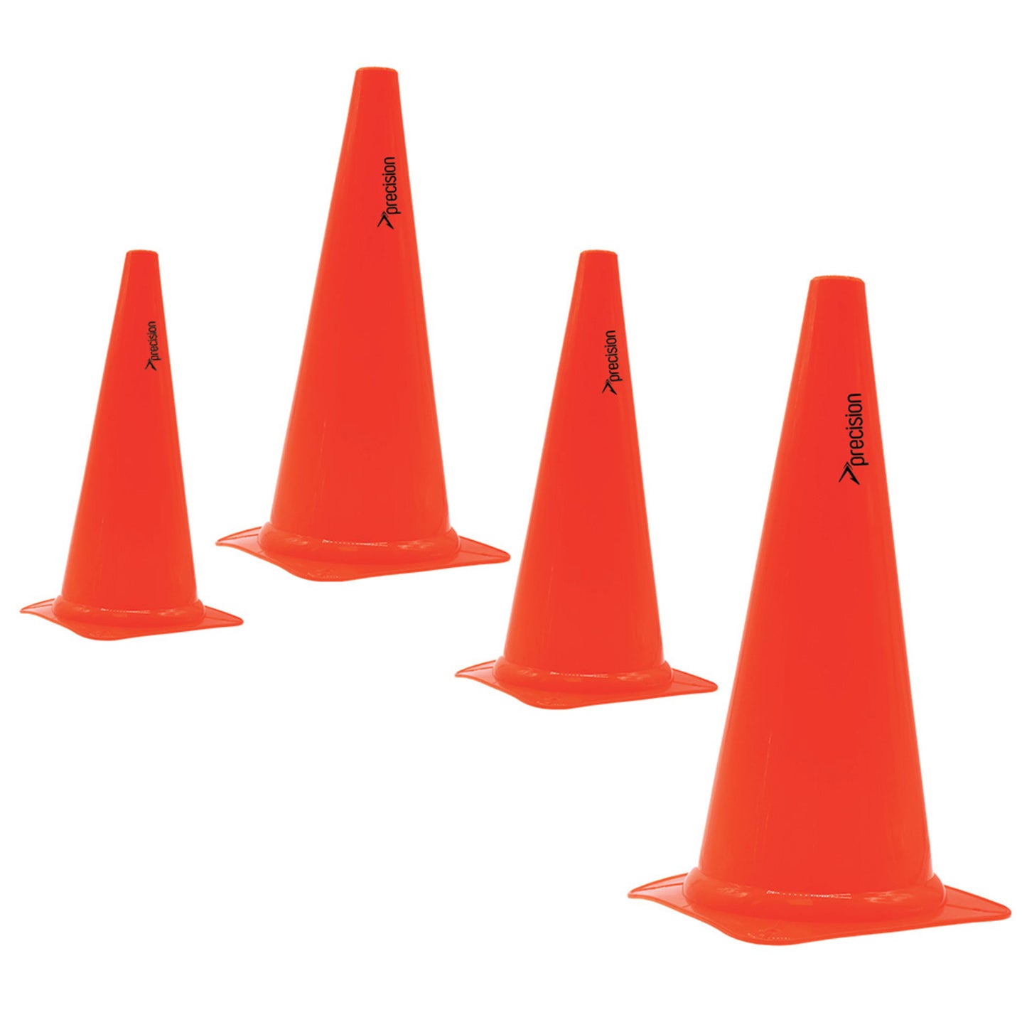 Set of four Precision Traffic Cones for sporting and safety use, featuring bright orange color and durable construction.