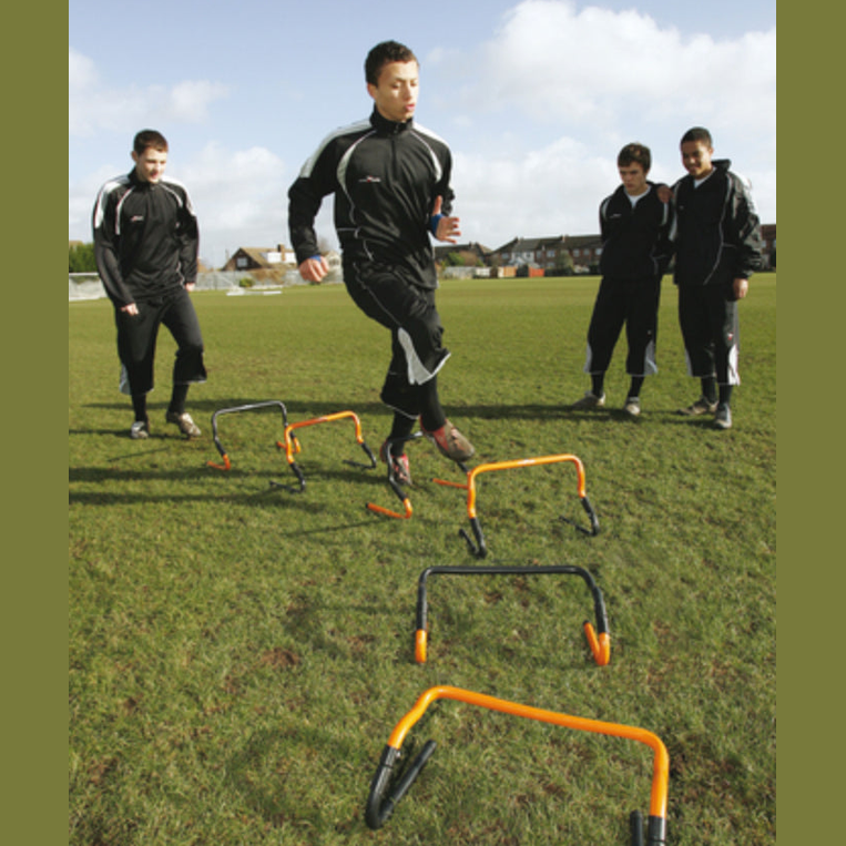 Set of six adjustable Precision training hurdles in various heights with a carrying bag, designed for athletic training and agility drills.