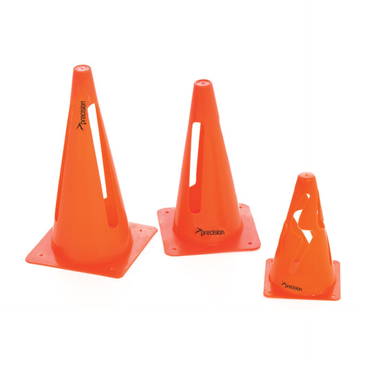 Set of four Precision collapsible safety cones for sporting and safety uses, bright orange with reflective bands.