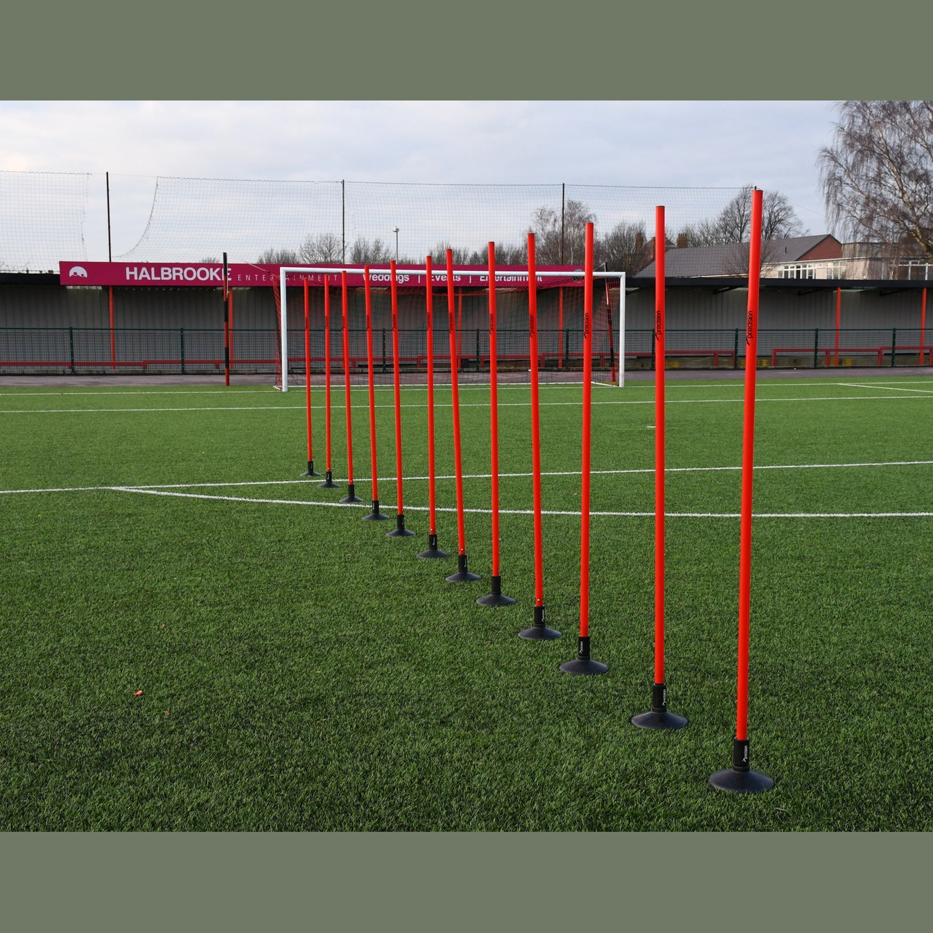 Set of 12 Precision Boundary Poles for sports, featuring durable construction and bright markings for easy visibility on the field.