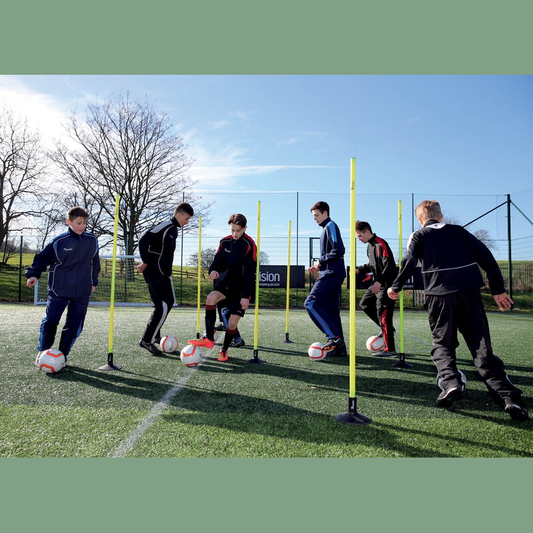 Set of 12 Precision Mini Boundary Poles for sports, featuring orange and white plastic stakes for marking field boundaries.