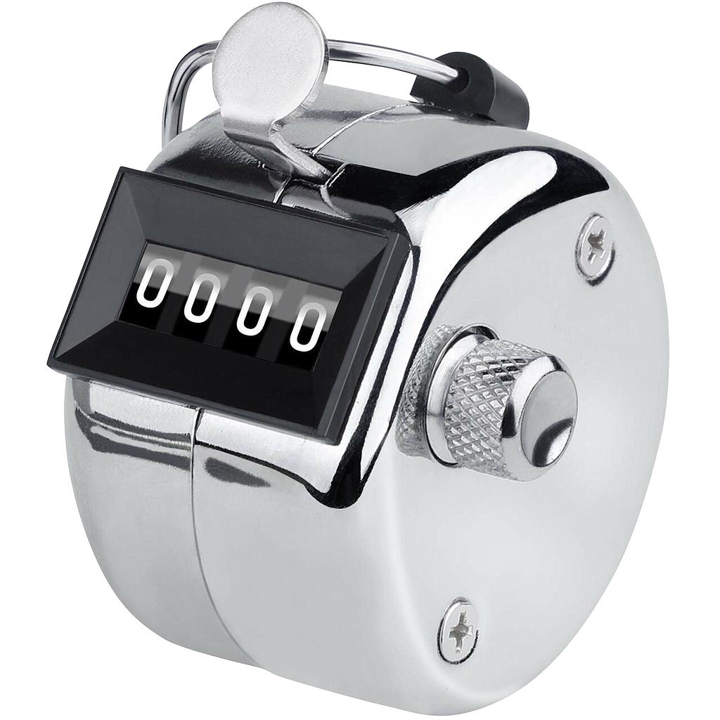 Precision brand handheld mechanical tally counter showing 0-9999 count, used for sports or counting tasks.