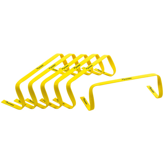 Six Precision flat hurdles in vibrant colors for agility training and sports drills, set of 6, sporting goods equipment.