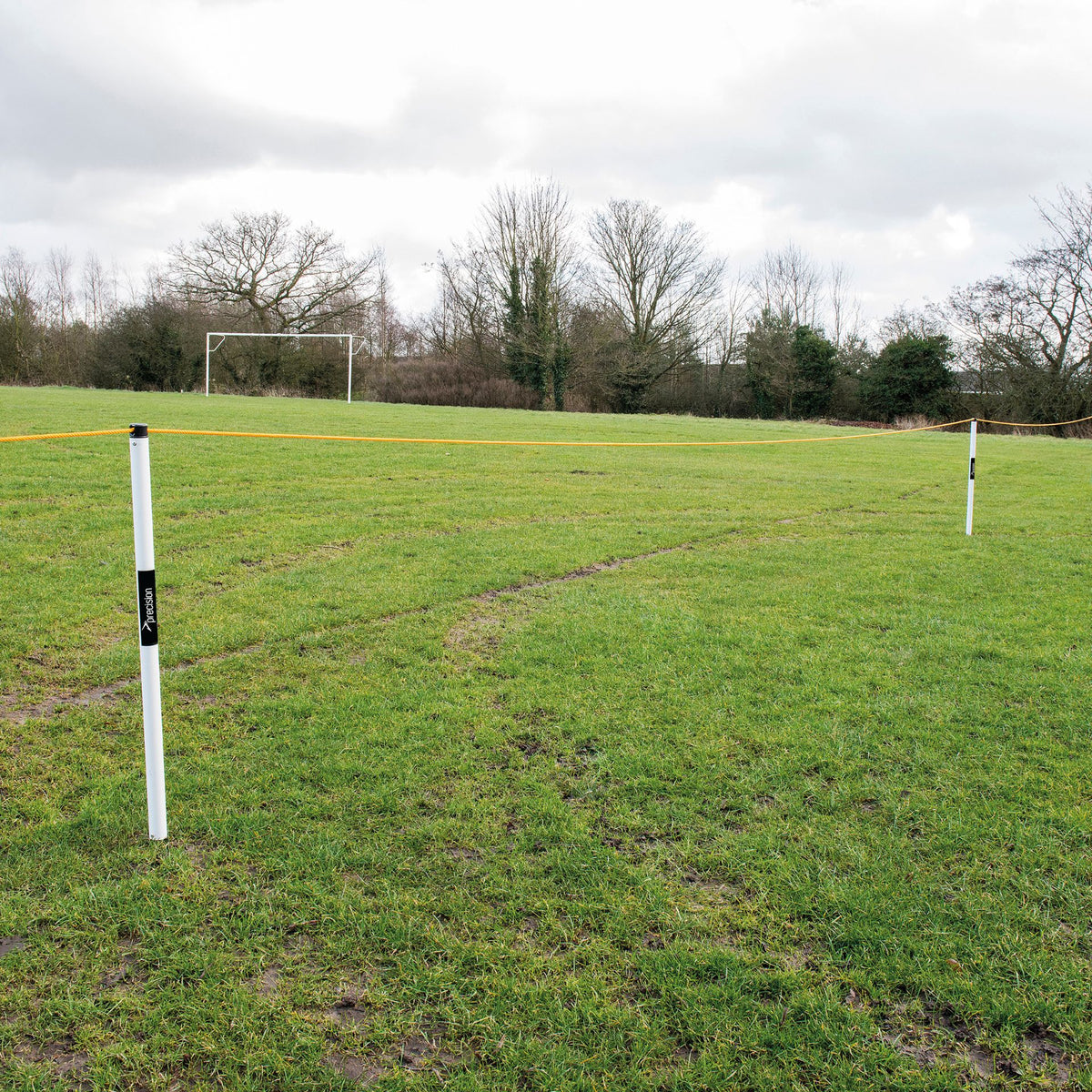 Precision crowd barrier kit with six poles, 60m rope, and ground anchors for crowd control and event management.