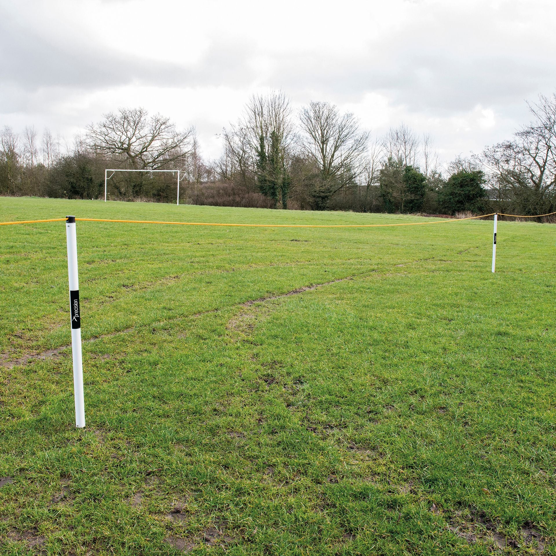Precision crowd barrier kit with 6 poles, 60m rope, and ground anchors for crowd control and event management.