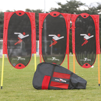 Three Precision Freekick Men training dummies for soccer practice, standing upright on a field for sporting drills.