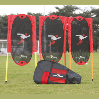 Set of three Precision Freekick Men training dummies for soccer practice, standing upright on a field with a clear background.