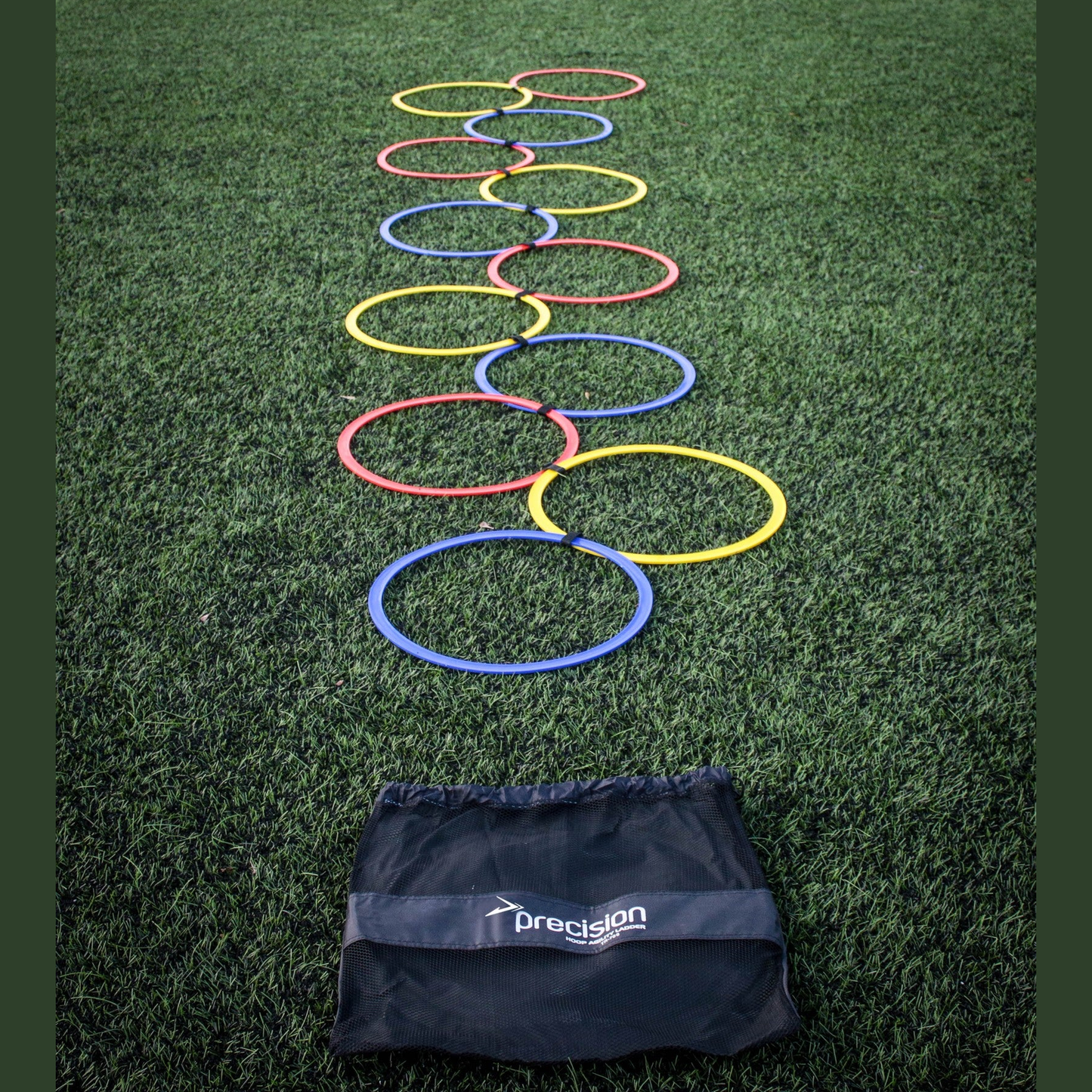 Precision Speed Agility Hoop Ladder for sports training, featuring colorful hoops arranged in a durable, portable agility ladder.