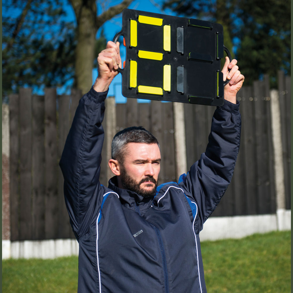 Precision soccer substitution number board with carry bag, displaying adjustable numbers on a portable sporting goods accessory.