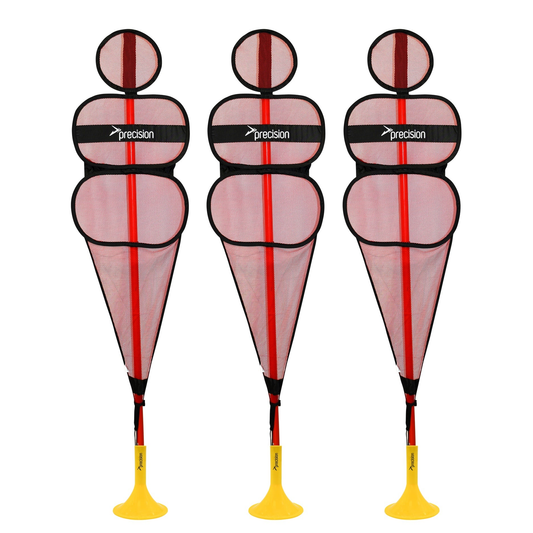 Set of three Precision Pop Up Mannequin sporting goods with carry bag, showcasing adjustable torso and limbs in a compact, portable design.