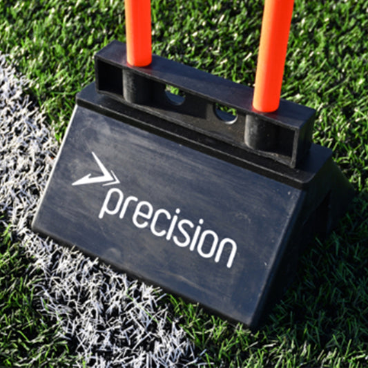 Close-up of a Precision Rubber Mini Mannequin Base used as a sturdy sporting goods display or support stand.