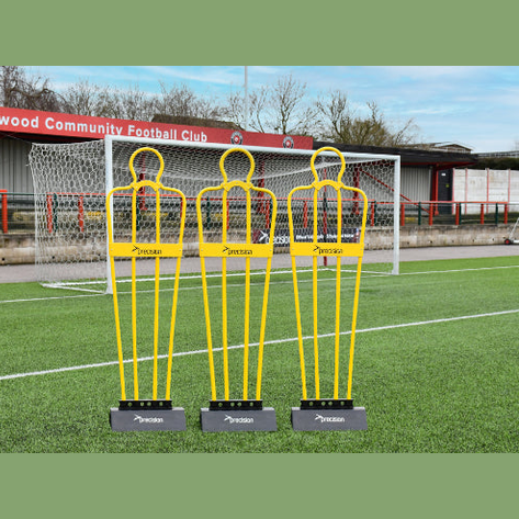Set of three Precision Airstream Pro training mannequins for sporting goods practice, featuring realistic human form and detailed features.