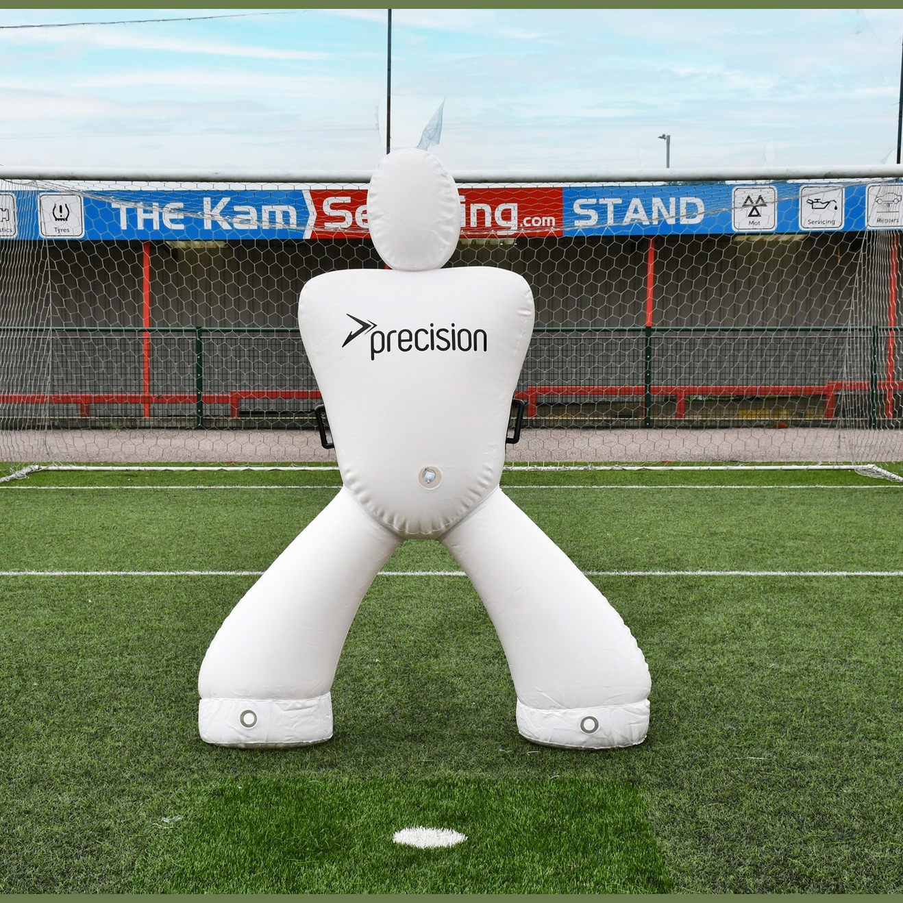 Inflatable mannequin by Precision Goliath for sporting goods, standing upright with detailed features, used for training or display purposes.