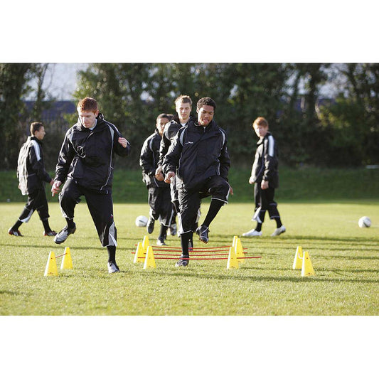 Precision Micro Training Cone Kit with 12 cones and 6 poles, 23cm tall, for sports agility drills and practice.
