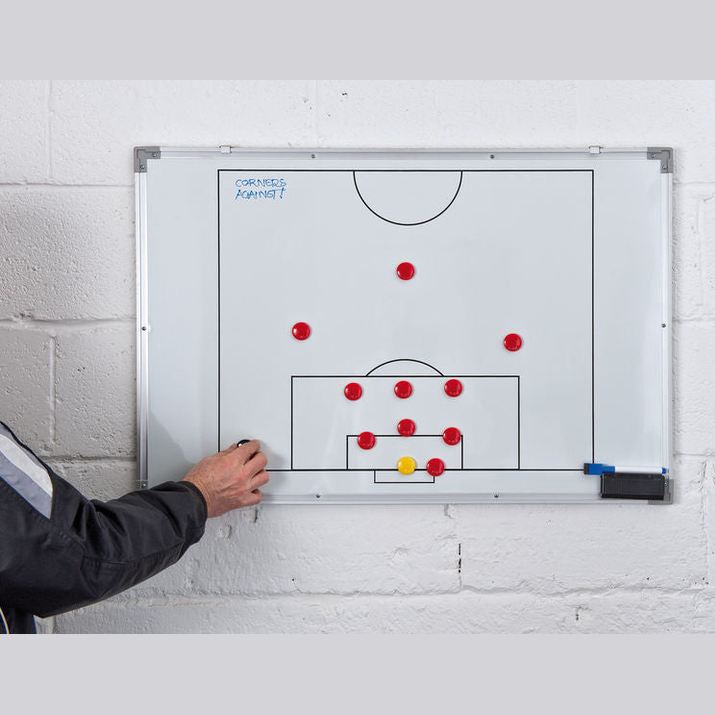 Precision magnetic double-sided soccer tactics board with magnetic figures and markings for coaching and strategy planning.