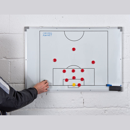 Precision magnetic double-sided soccer tactics board with magnetic figures and markings for coaching and strategy planning.