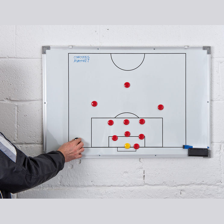Magnetic double-sided soccer tactics board by Precision with magnetic player pieces and tactical markings for coaching.