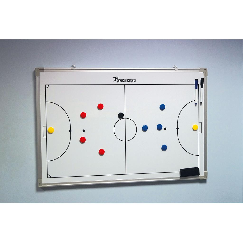 Precision Futsal Magnetic Tactics Board for sporting goods, featuring magnetic markers and tactical grid for coaching and strategy.