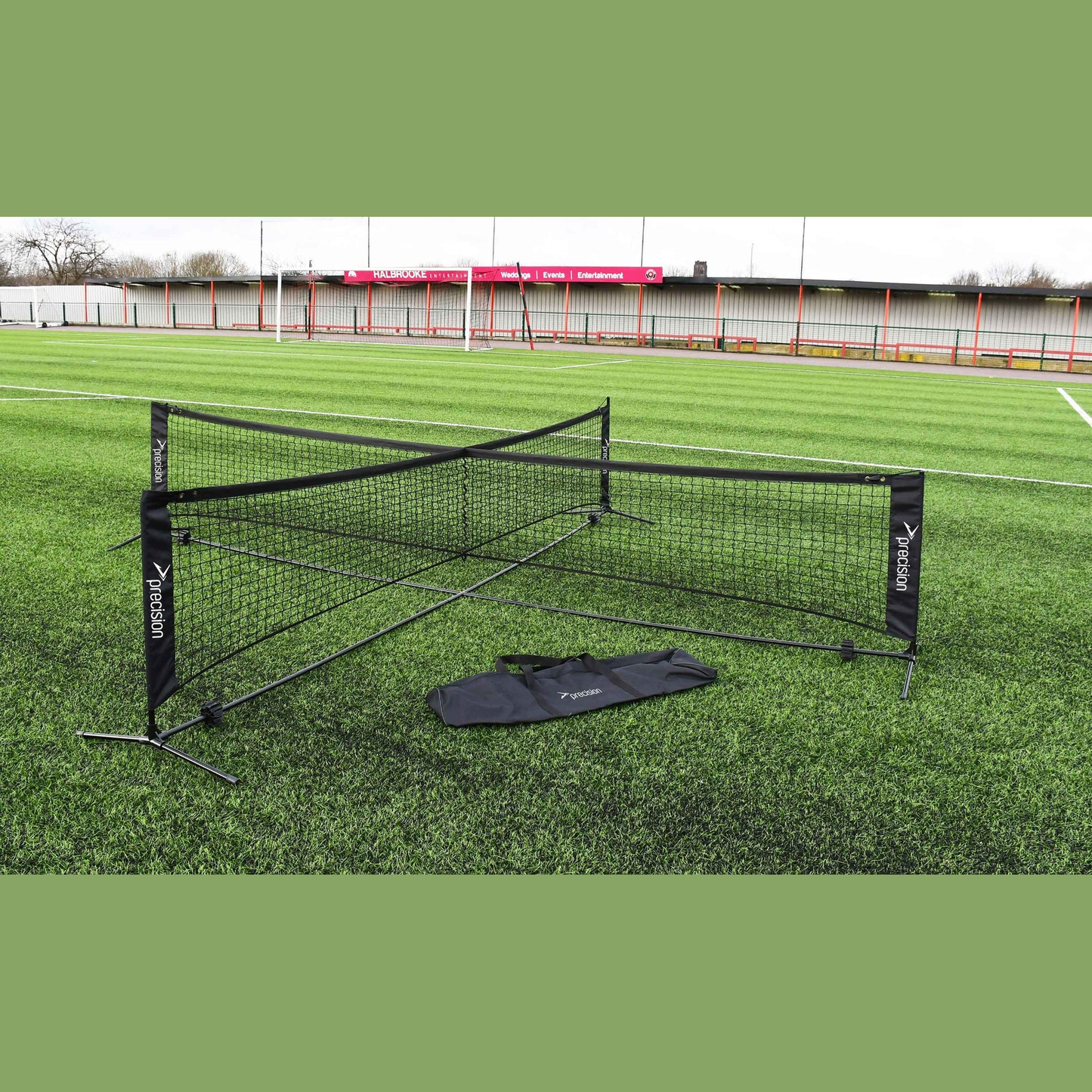 Precision 4-way football tennis net, 14ft x 14ft, outdoor sporting goods with sturdy netting and supporting posts.