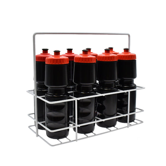 Precision 8 Hole Bottle Carrier for sporting goods, shown with eight bottles securely held in a durable plastic carrier.