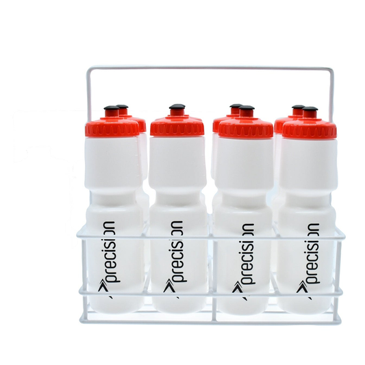 Precision 8 Water Bottles with wire carrier for sports and outdoor activities, durable plastic bottles with secure cap closures.