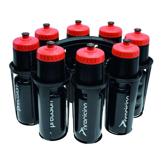 Precision 8 Water Bottles and oval carrier for sports, 750ml capacity, durable plastic bottles with black oval carrying case.