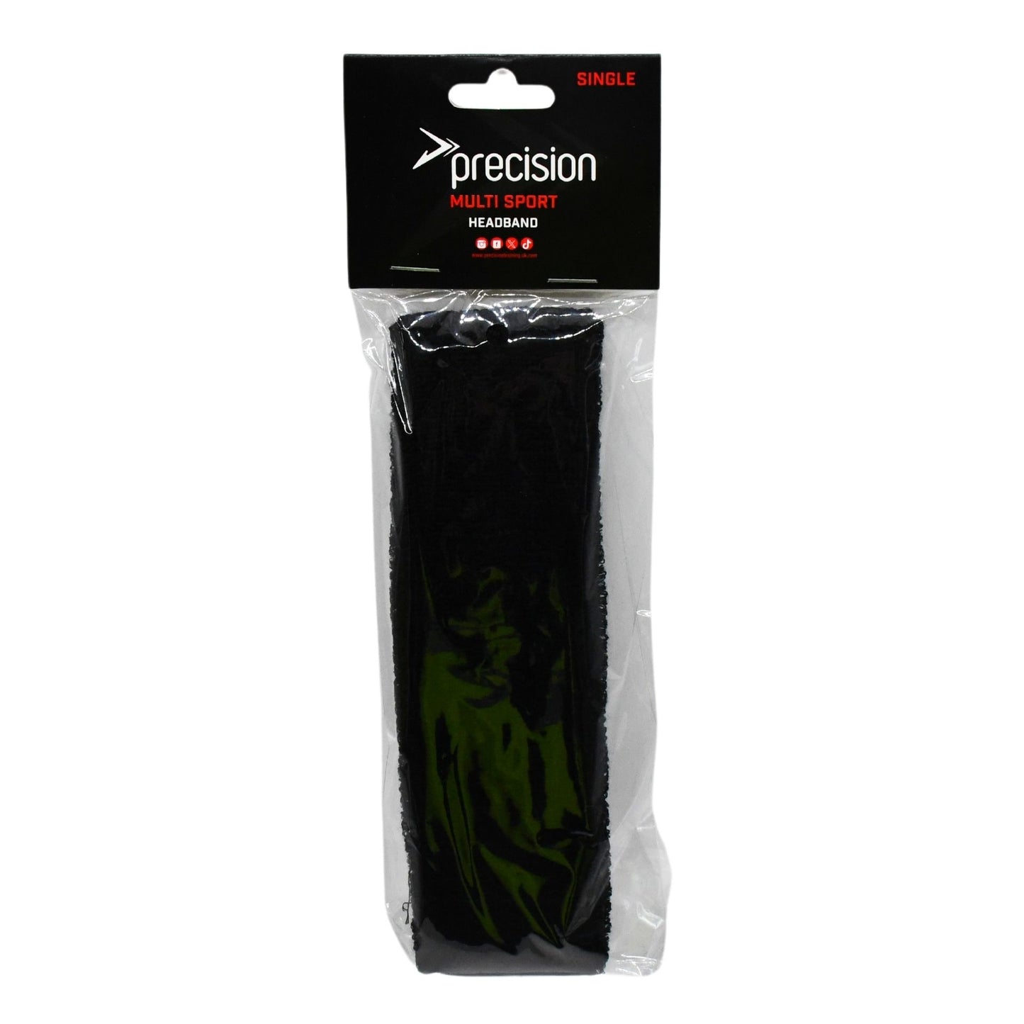 Precision Training headbands in black and white, made of breathable fabric for sports and workout activities.