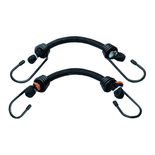 Longridge elasticated golf trolley straps securing golf bags to carts on a sport field.