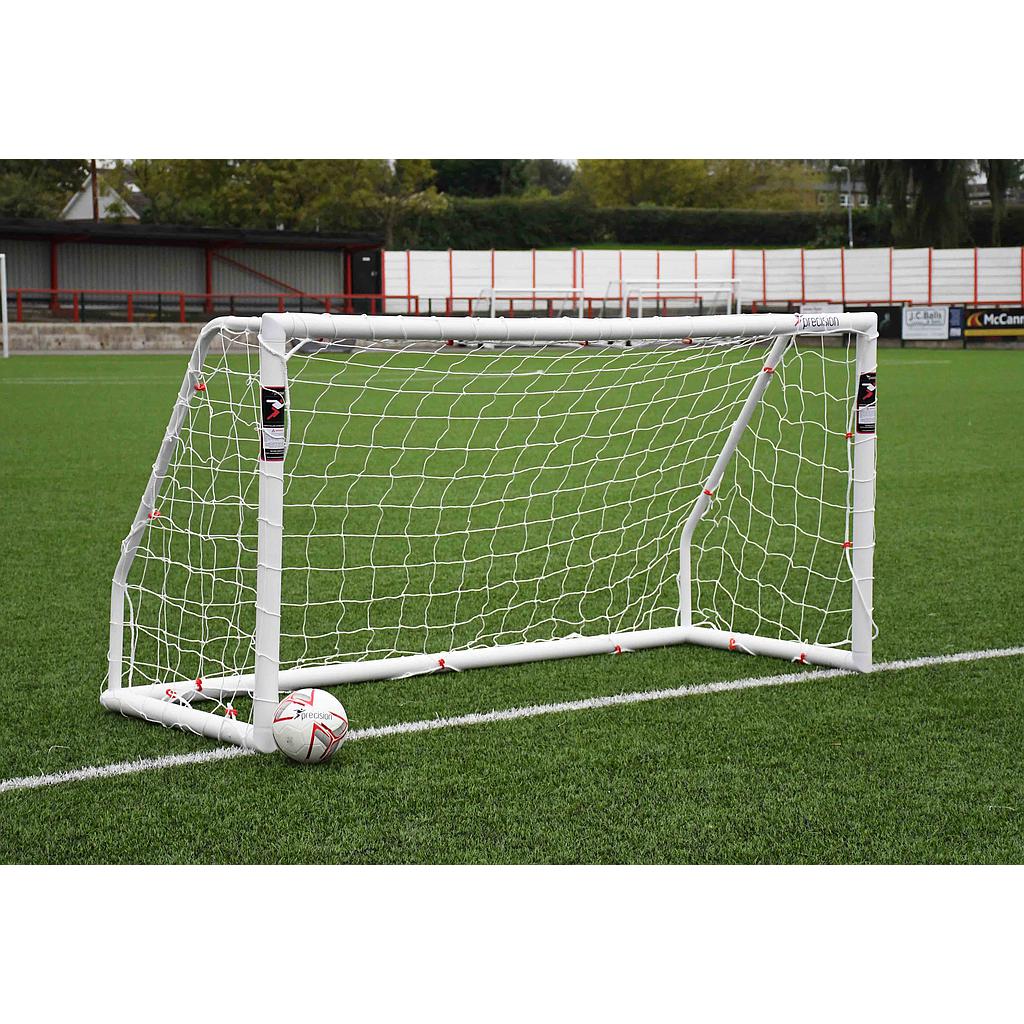 Precision Match Goal Posts for soccer, BS 8462 approved, sturdy sporting goods with white metal frames and netting for field use.