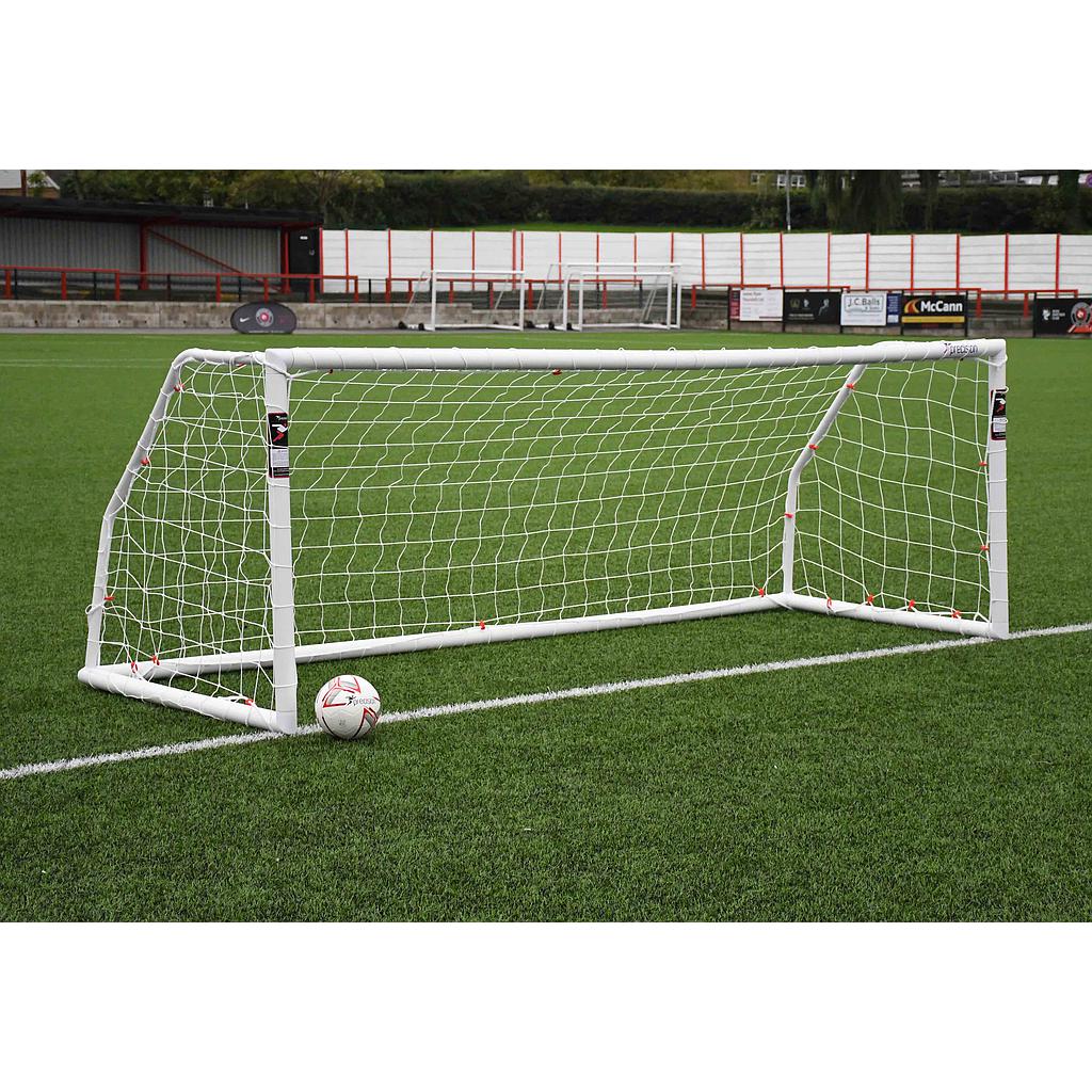 Precision Match Goal Posts, BS 8462 approved, sporting goods with sturdy metal frames and white netting for soccer or football games.