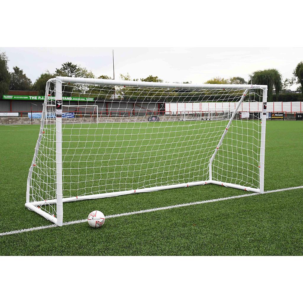 Precision Match Goal Posts, BS 8462 approved sports equipment, with sturdy metal frames and netting for soccer or football matches.