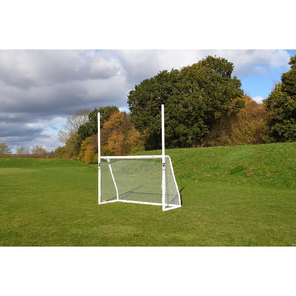Precision GAA match goal posts for sporting goods, featuring sturdy metal frames and netting for Gaelic football matches.
