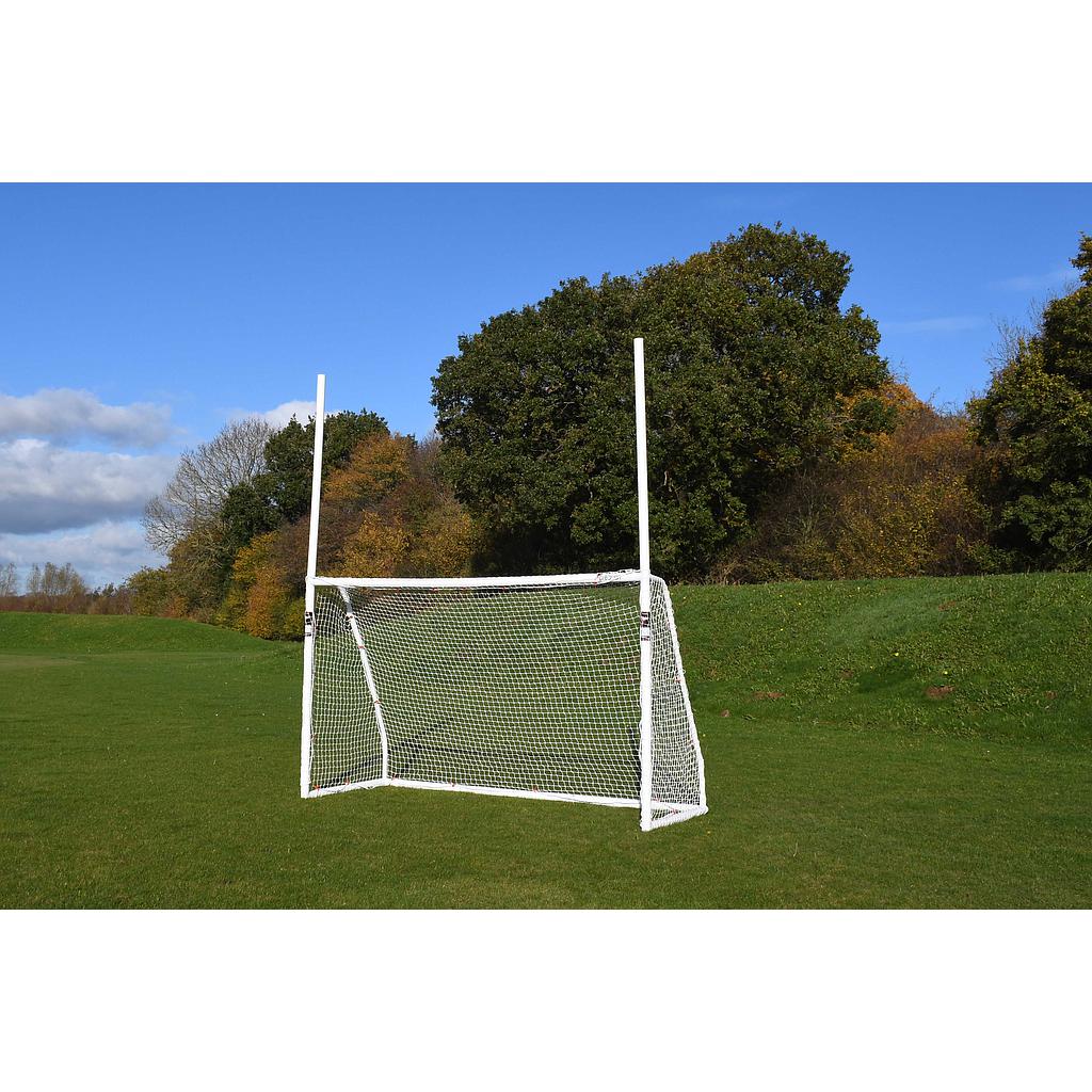 Precision GAA match goal posts for sporting goods, sturdy metal frame with bright yellow padding for safety and visibility.