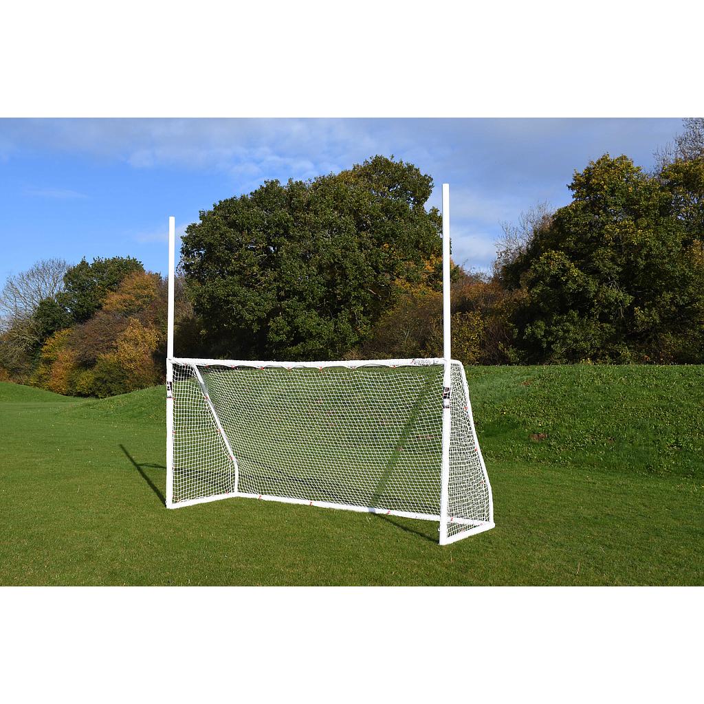 Precision GAA match goal posts for sporting goods, featuring sturdy metal construction and goal crossbar with net for soccer or Gaelic games