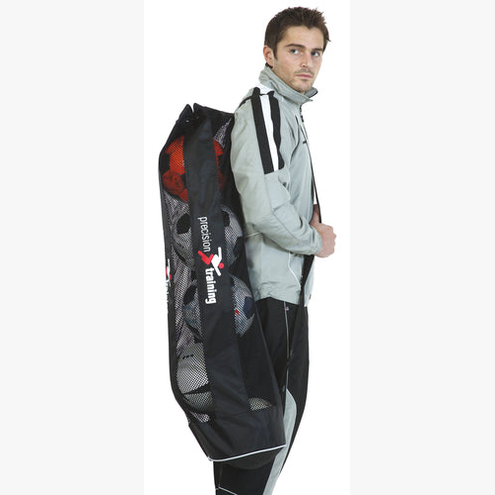 Precision Sporting Goods tubular 5-ball bag with multiple compartments, designed for easy sports equipment storage and transport.