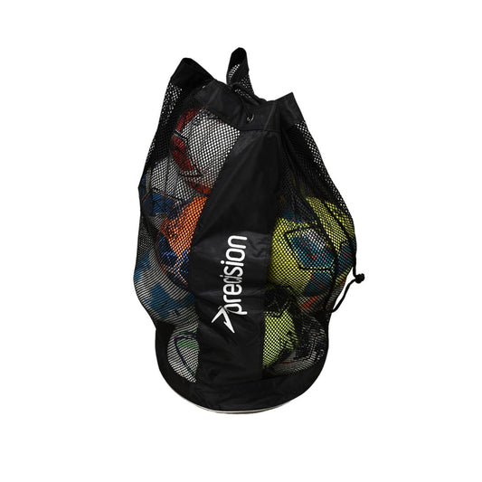 Black and silver Precision 12 ball football carry bag with adjustable shoulder strap and zippered compartments for sporting goods.
