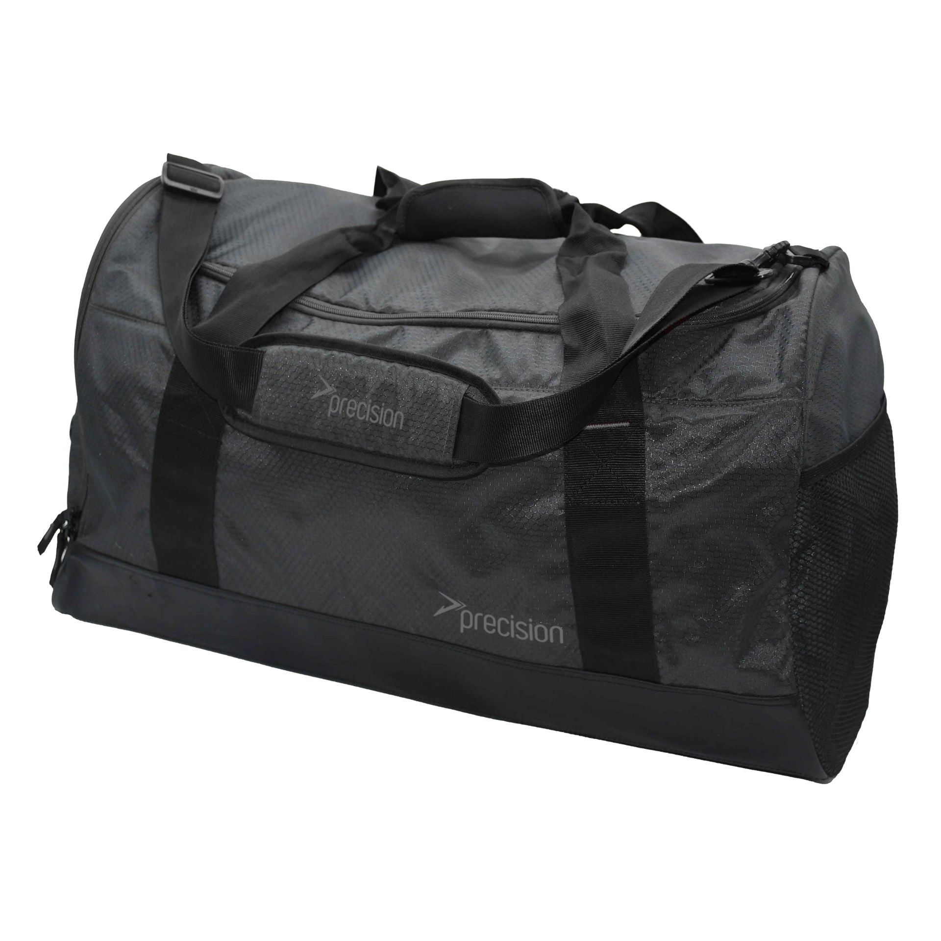 Precision Pro HX medium holdall bag for sporting goods, shown with sturdy handles and zip closure in black and gray fabric.