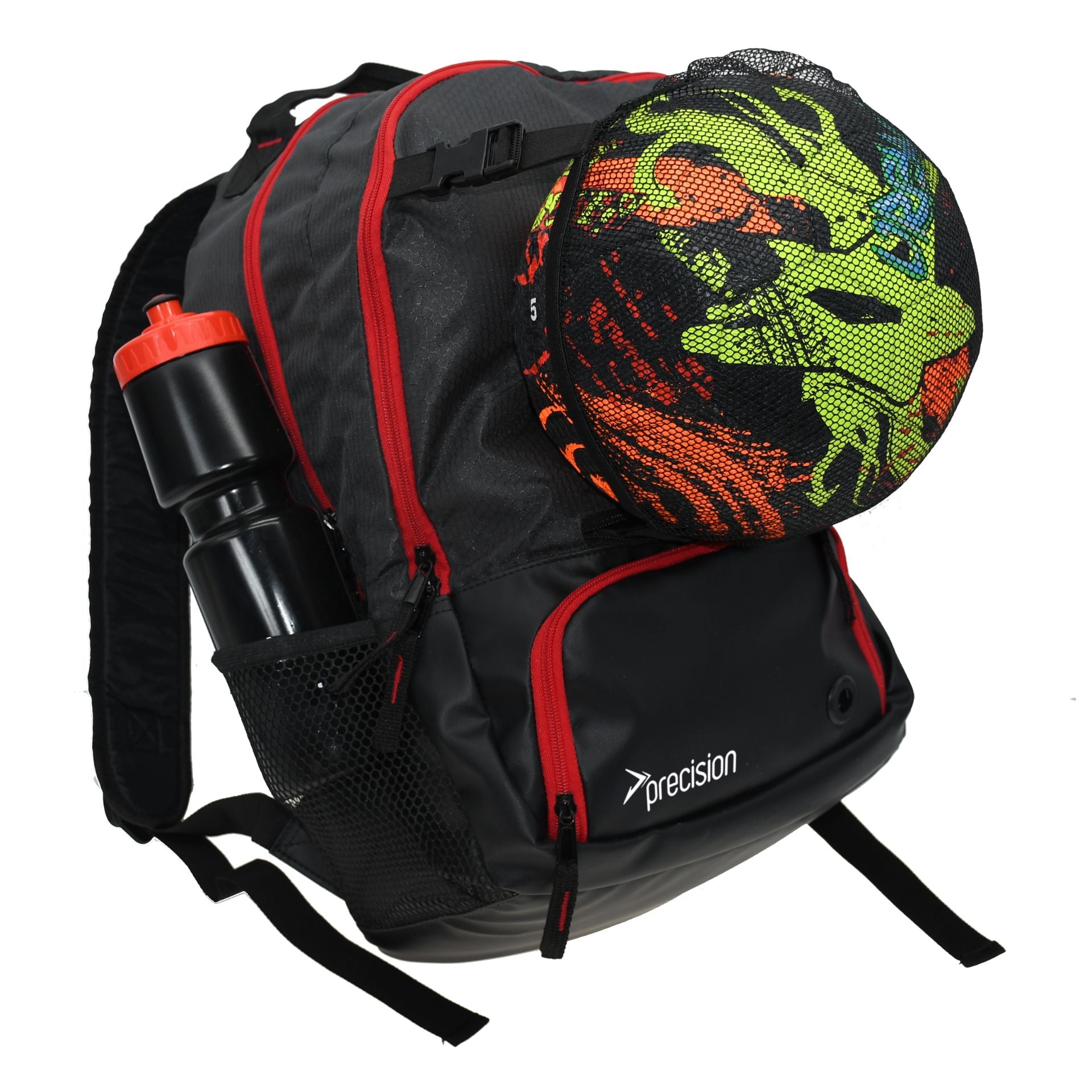 Precision Pro HX Backpack with ball holder for sporting goods, featuring multiple compartments and adjustable straps for athletes.