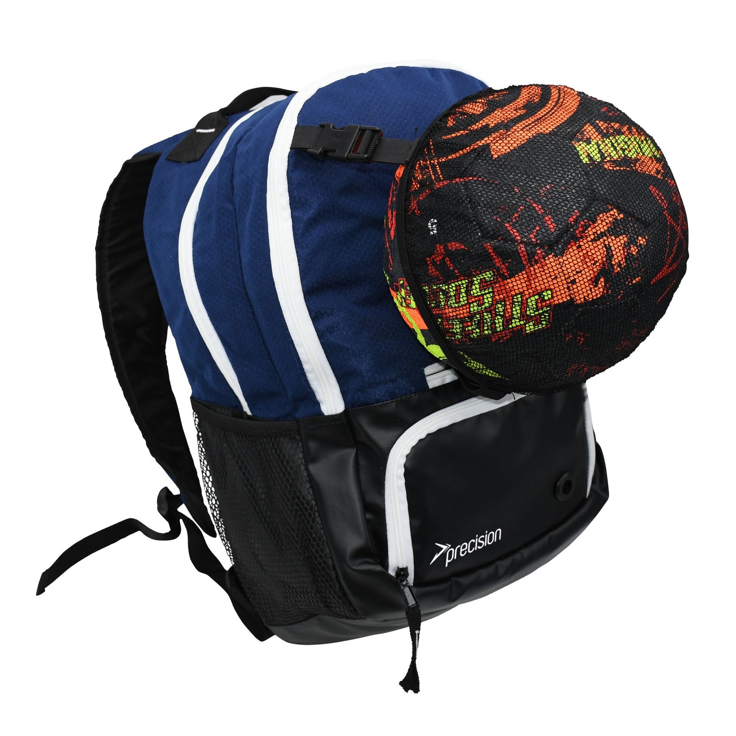 Precision Pro HX Backpack with ball holder for sports, featuring multiple compartments and adjustable straps for athletes.