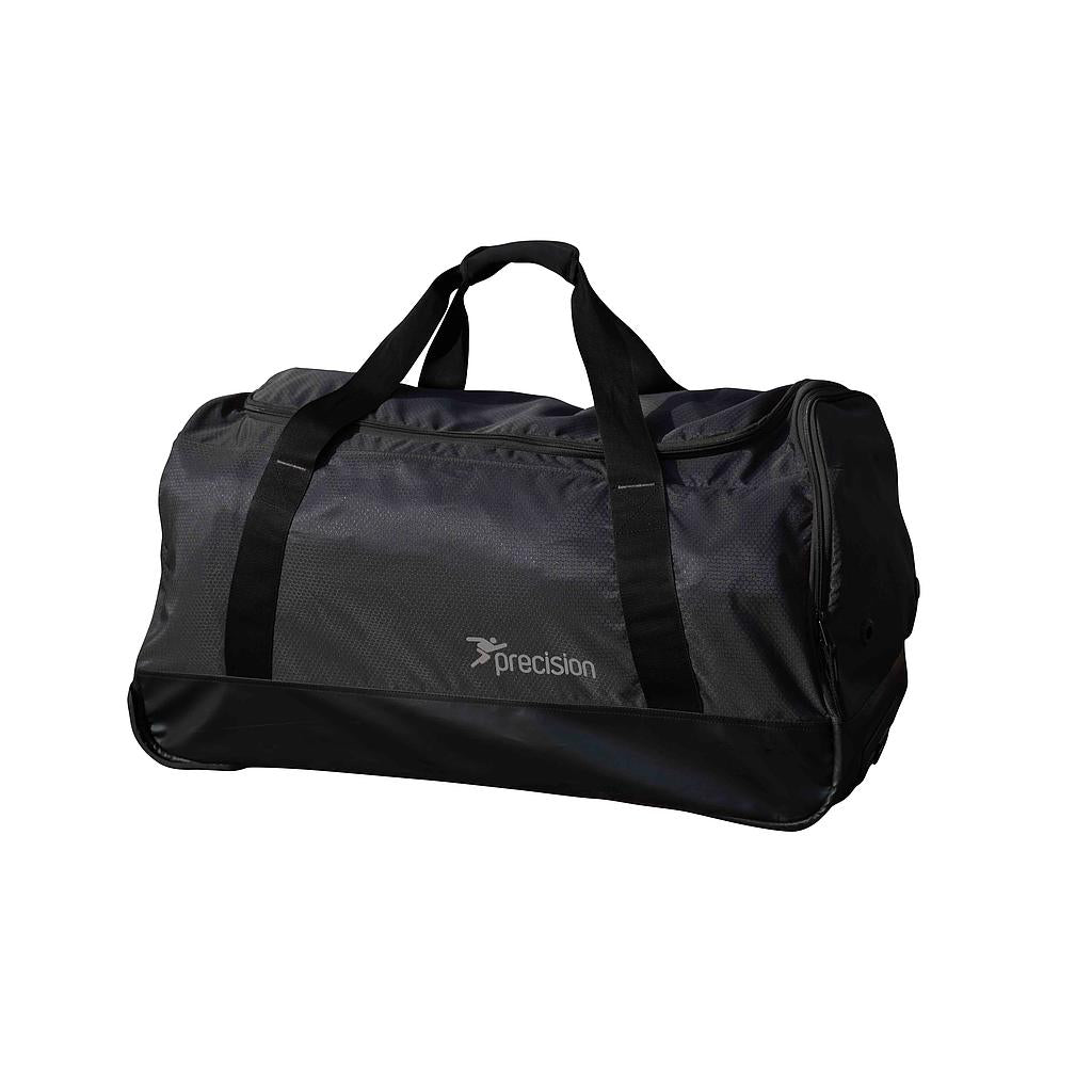 Precision Pro HX Team Trolley Holdall Bag for sports, showing its durable fabric, wheels, and adjustable shoulder strap.