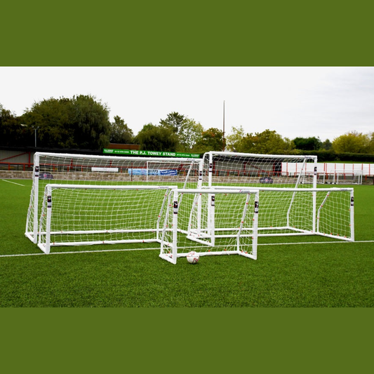 Precision Match Goal Posts Spare parts for sporting goods, BS 8462 approved, showing close-up of the metal goal post components.