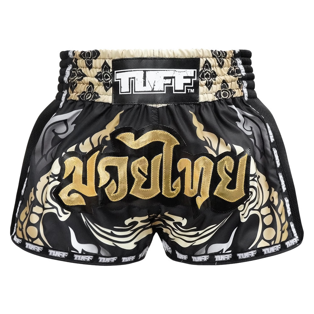 MRS201 TUFF Muay Thai Shorts Retro Style Thai King Of Naga Black