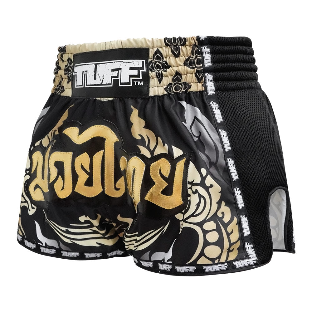 MRS201 TUFF Muay Thai Shorts Retro Style Thai King Of Naga Black